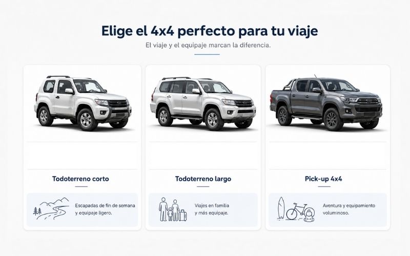 Lee más sobre el artículo ¿Cómo elegir entre un todoterreno 4×4 corto, largo o pick-up según el viaje y el equipaje?